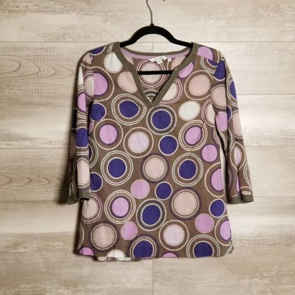 Boden Brown Circle Mosaic V-Neck Crinkle Cotton 3/4 Sleeve Tunic Top Size 6
